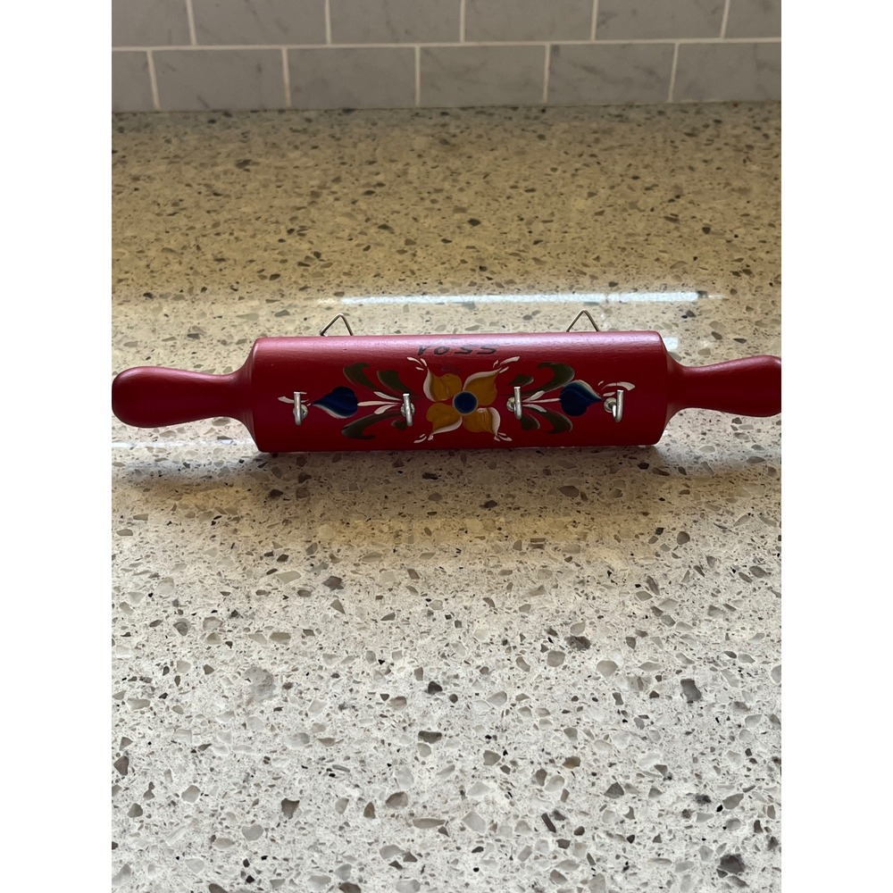 Vintage Voss Hand Painted Red Wooden Rolling Pin Wall Rack Key Holder 4 Hooks